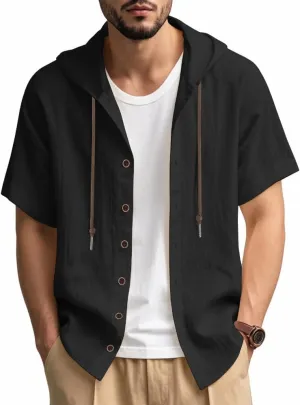 TOMITANY Mens Summer Linen Shirt Short Sleeved Button Down Shirts Lightweight Cardigan Hooded Shirt Outdoor Casual Tops