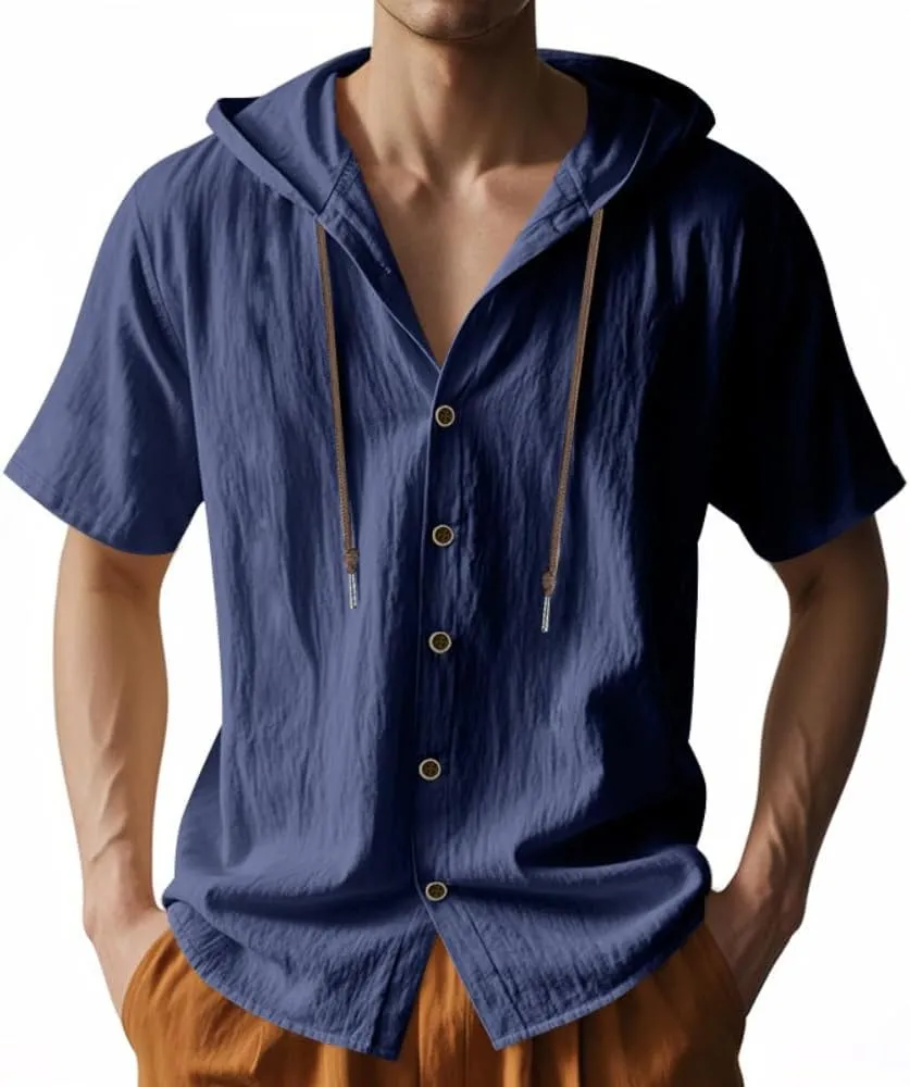 TOMITANY Mens Summer Linen Shirt Short Sleeved Button Down Shirts Lightweight Cardigan Hooded Shirt Outdoor Casual Tops