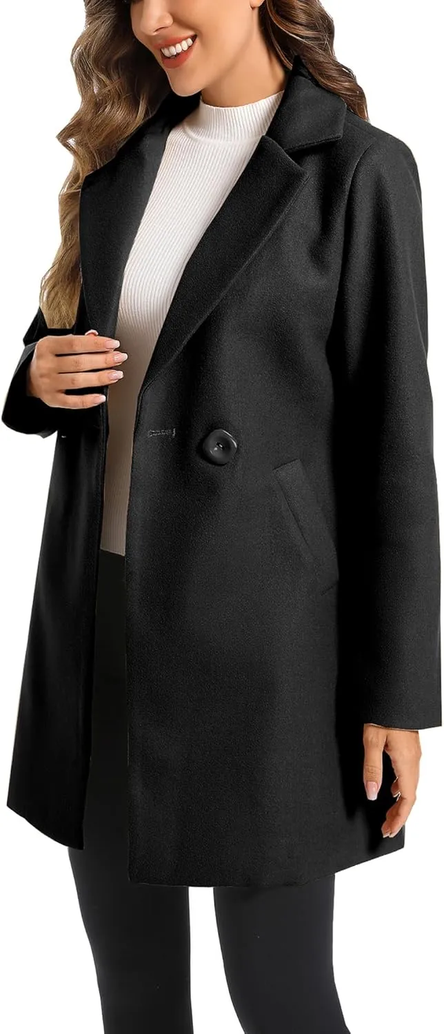 TONCHENGSD Women's Notched Lapel Wool Blend Solid Long Pea Coat Outwear Winter Coat