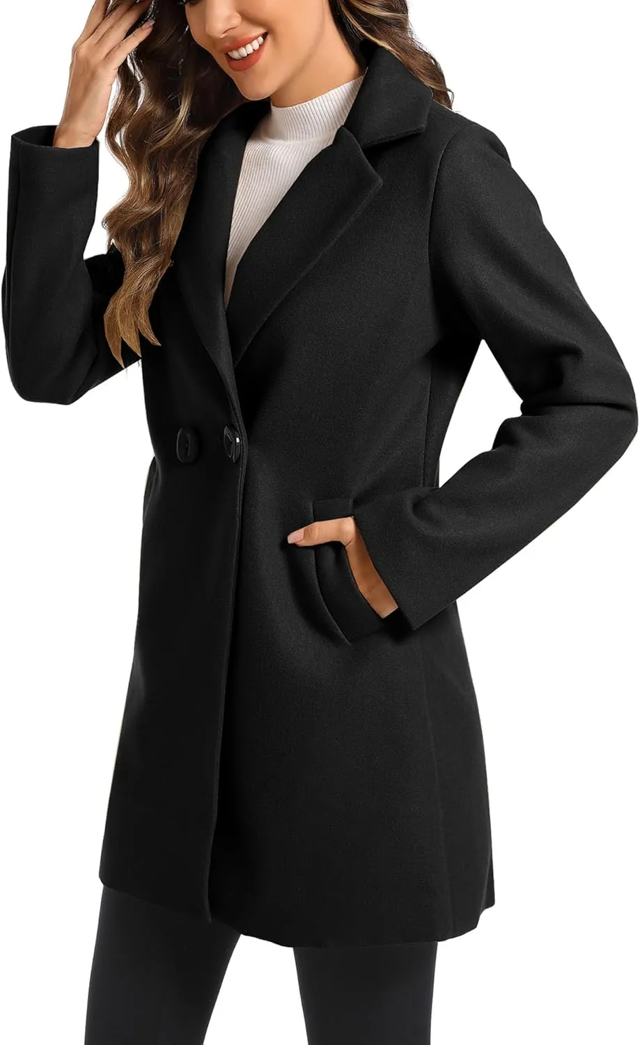 TONCHENGSD Women's Notched Lapel Wool Blend Solid Long Pea Coat Outwear Winter Coat