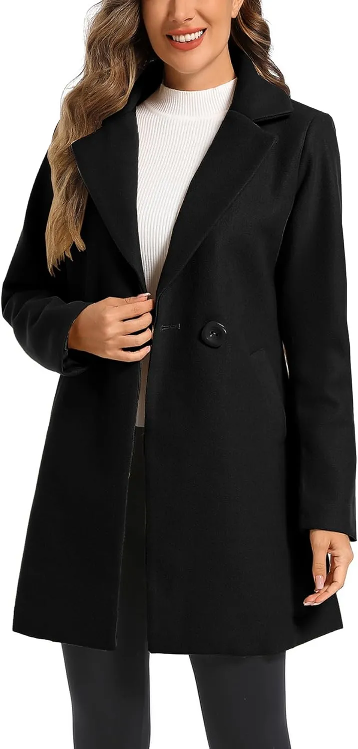 TONCHENGSD Women's Notched Lapel Wool Blend Solid Long Pea Coat Outwear Winter Coat