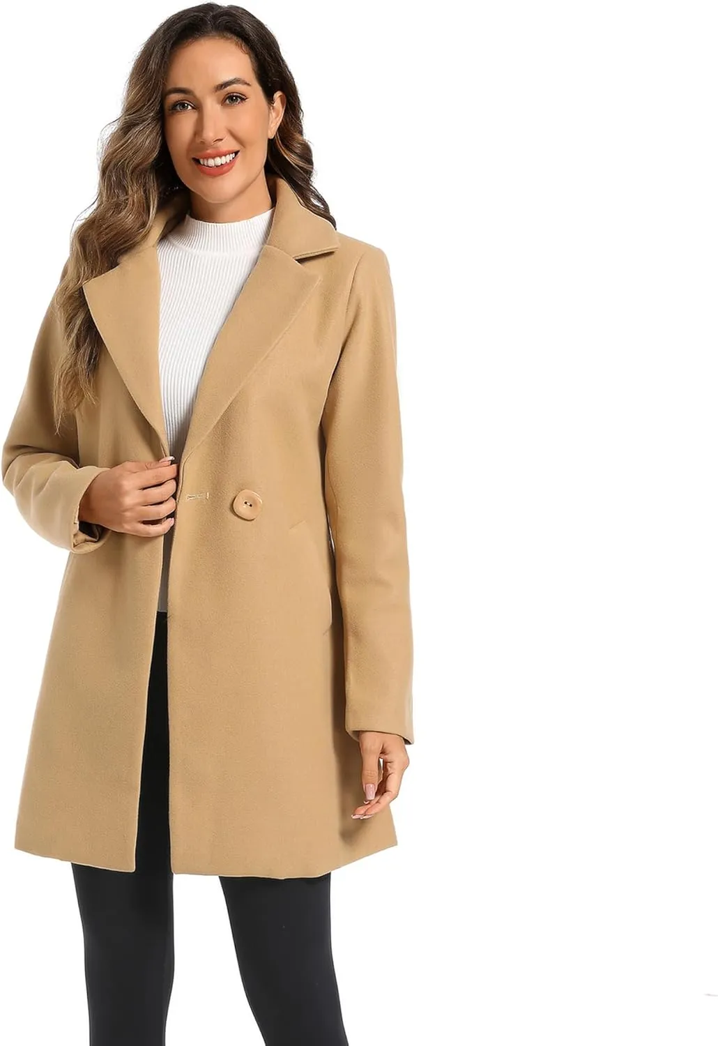 TONCHENGSD Women's Notched Lapel Wool Blend Solid Long Pea Coat Outwear Winter Coat