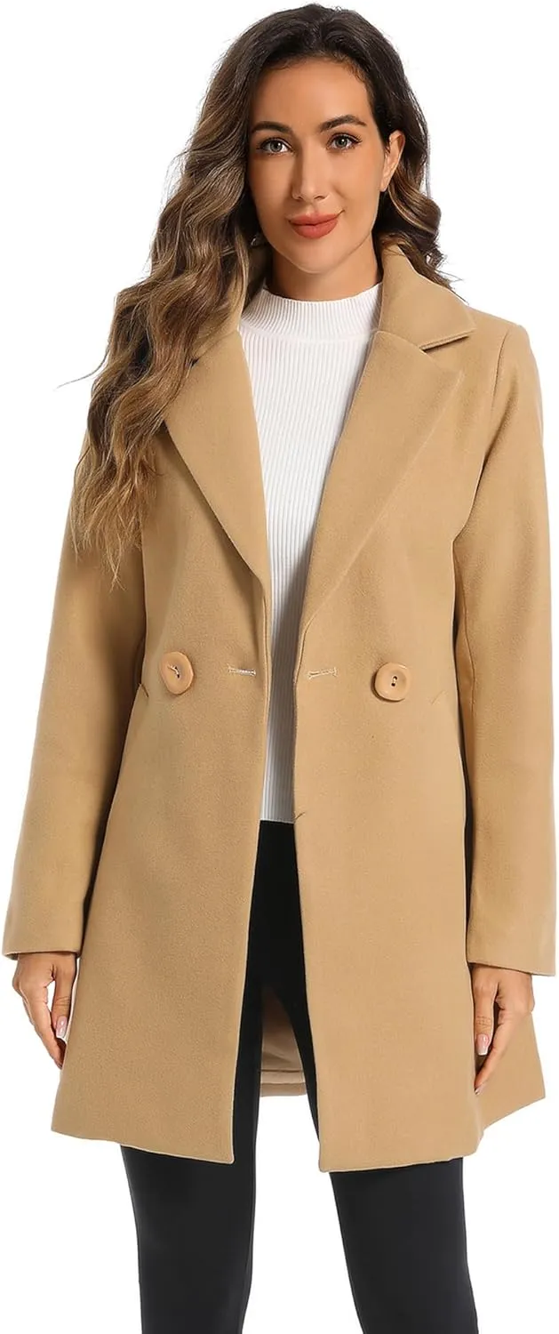 TONCHENGSD Women's Notched Lapel Wool Blend Solid Long Pea Coat Outwear Winter Coat
