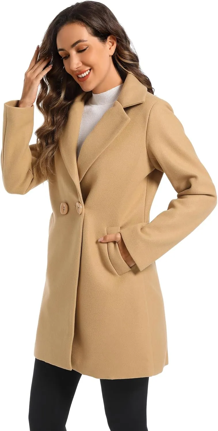 TONCHENGSD Women's Notched Lapel Wool Blend Solid Long Pea Coat Outwear Winter Coat
