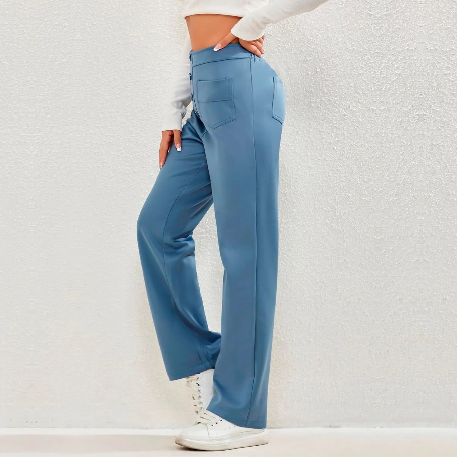 Trousers Pants for Women Women's Casual Straight Leg Pants High Waisted Button Down Stretchy Business Work Trousers