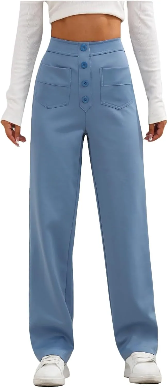 Trousers Pants for Women Women's Casual Straight Leg Pants High Waisted Button Down Stretchy Business Work Trousers