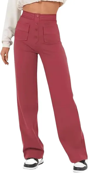 Trousers Pants for Women Women's Casual Straight Leg Pants High Waisted Button Down Stretchy Business Work Trousers
