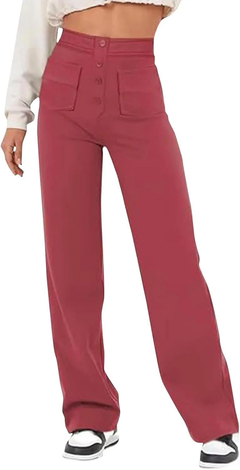 Trousers Pants for Women Women's Casual Straight Leg Pants High Waisted Button Down Stretchy Business Work Trousers