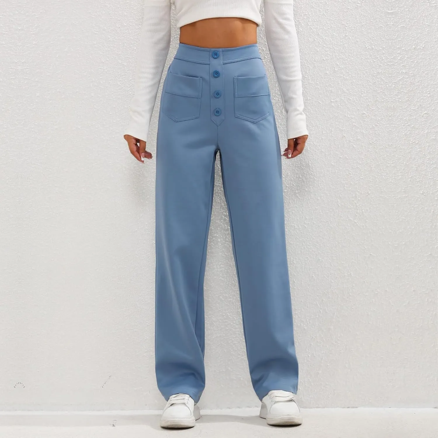 Trousers Pants for Women Women's Casual Straight Leg Pants High Waisted Button Down Stretchy Business Work Trousers