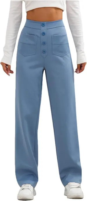 Trousers Pants for Women Women's Casual Straight Leg Pants High Waisted Button Down Stretchy Business Work Trousers