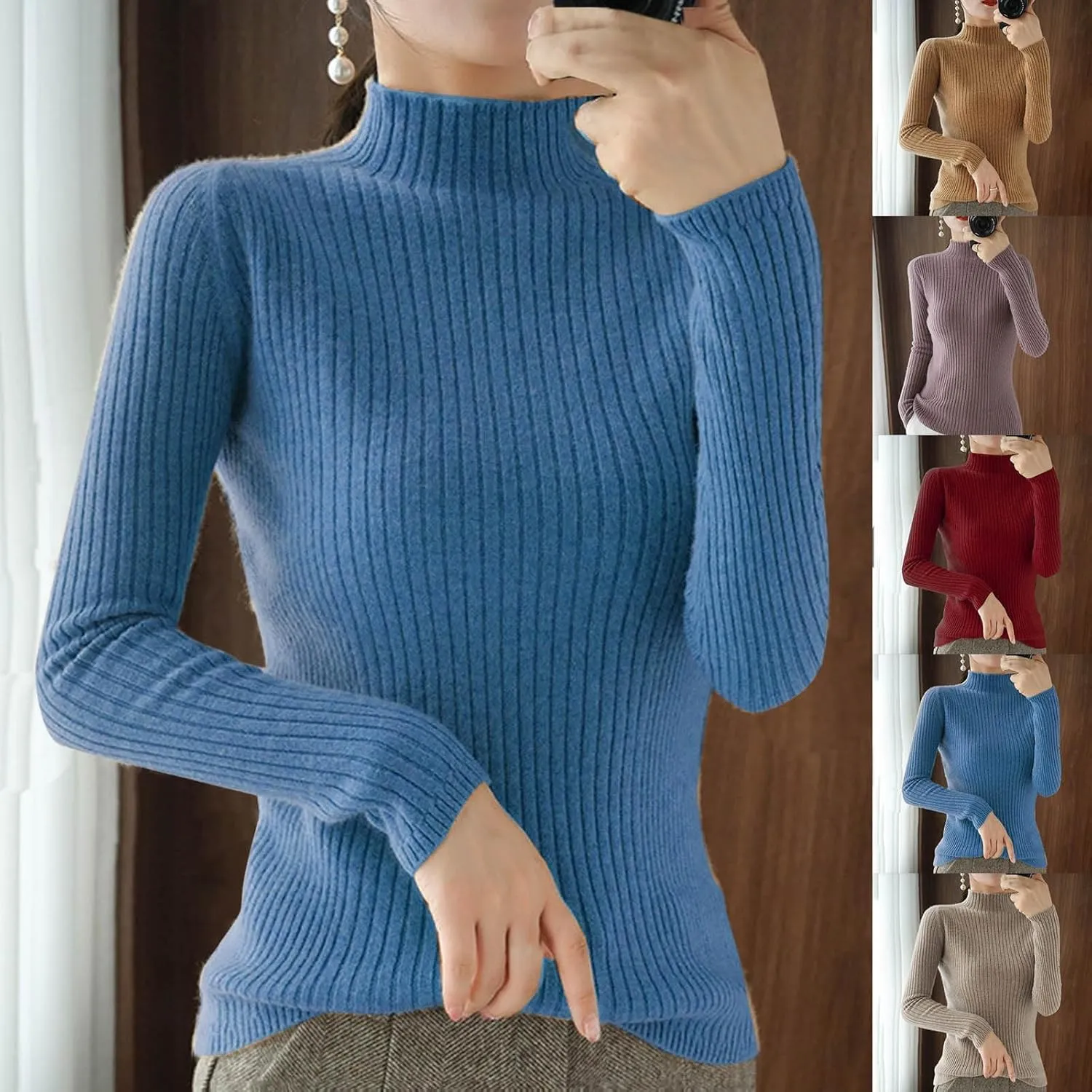 Turtle Necks Tops for Women Ribbed Knitted Sweater Plus Size Casual Sweater Winter Fashion Tops Solid Color Sweater