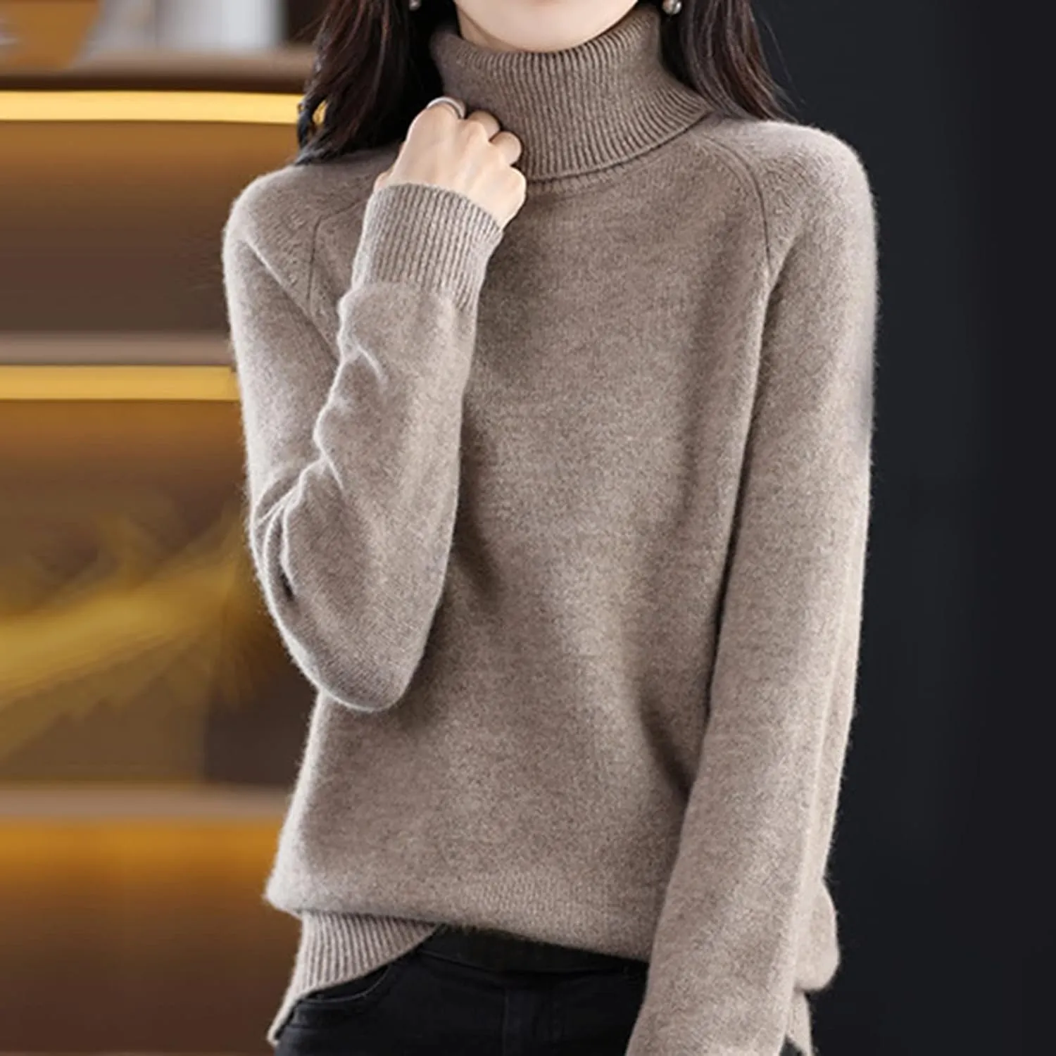 Turtleneck Ribbed Sweaters for Women Women's Autumn and Winter Short Pullover Solid Color Loose Sweater Thickened