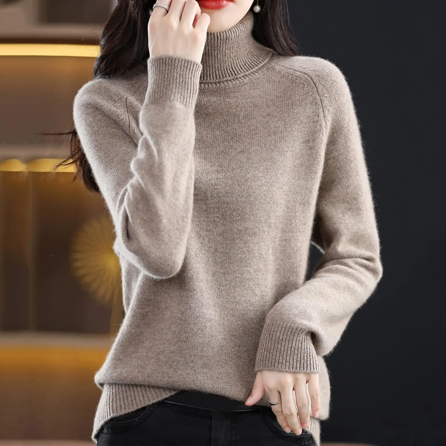 Turtleneck Ribbed Sweaters for Women Women's Autumn and Winter Short Pullover Solid Color Loose Sweater Thickened