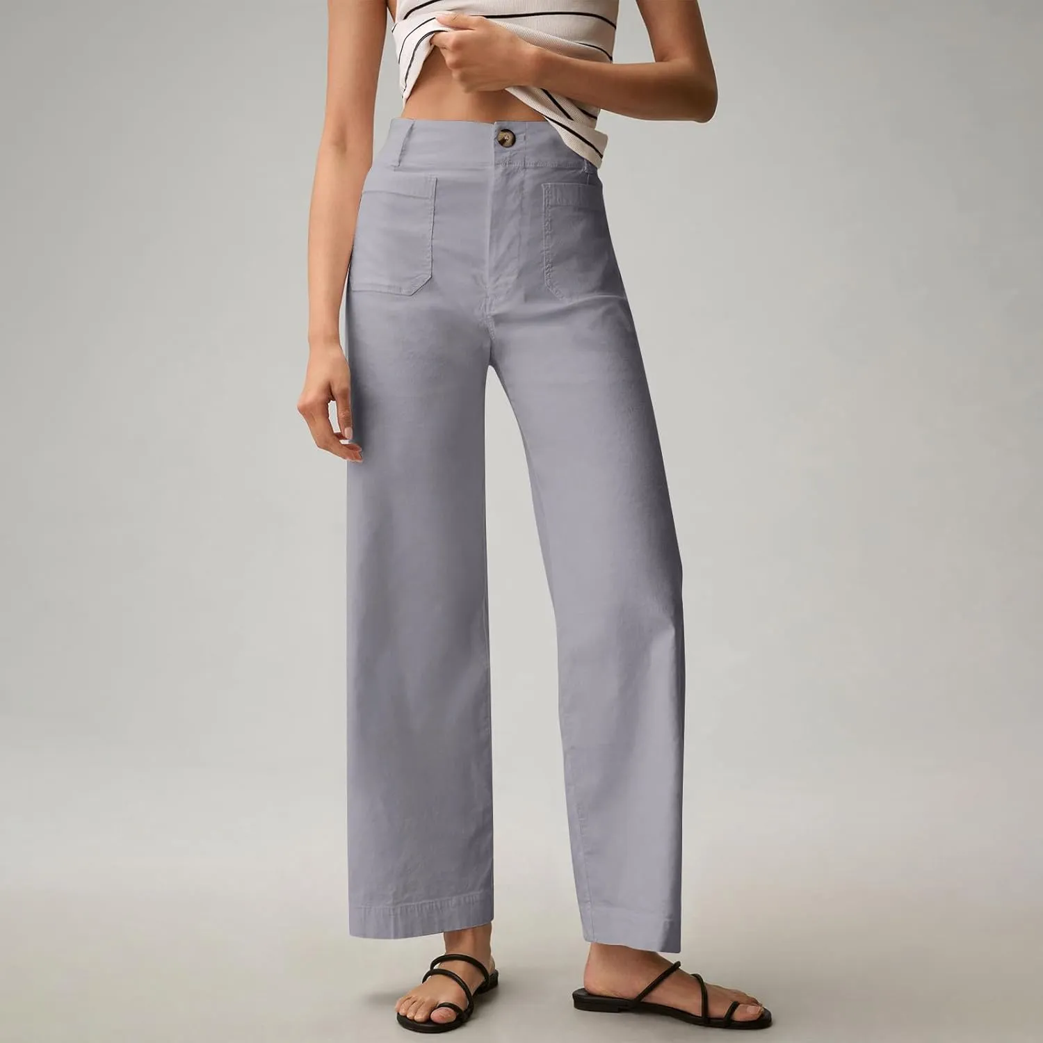 Twill Stretch Cropped Wide Leg Pants for Women Business Casual High Waist Chino Pants Office Work Ankle Jeans w/Pocket