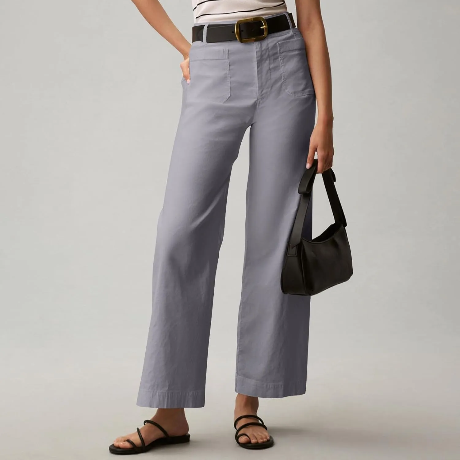 Twill Stretch Cropped Wide Leg Pants for Women Business Casual High Waist Chino Pants Office Work Ankle Jeans w/Pocket