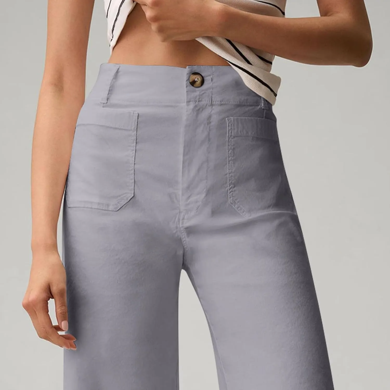 Twill Stretch Cropped Wide Leg Pants for Women Business Casual High Waist Chino Pants Office Work Ankle Jeans w/Pocket