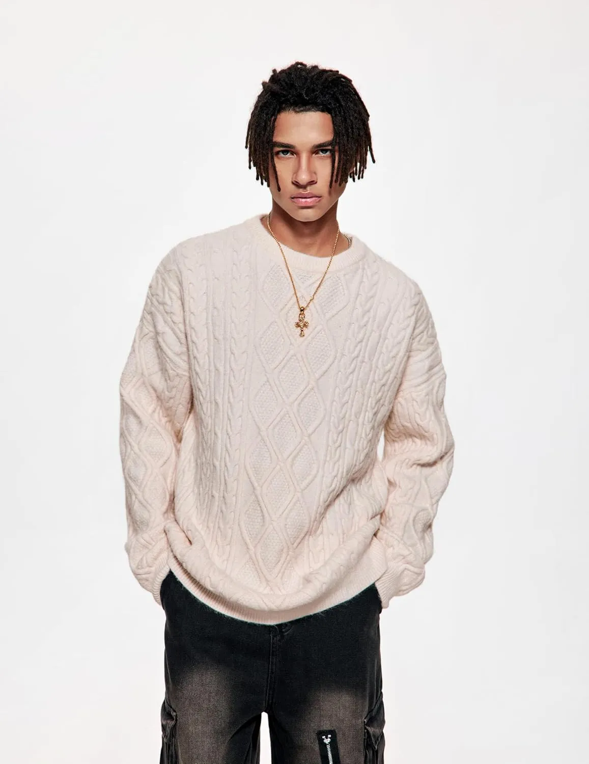 Vamtac Oversized Cable Knit Sweaters Long Sleeve Knitted Casual Pullover Solid Vintage Unisex Crewneck Loose Top