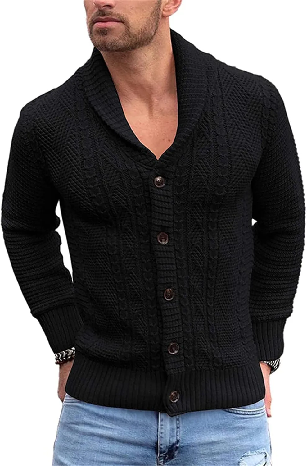 VIVICOLOR Men's Shawl Collar Cardigan Sweaters Men Button Down Cable Knitted Chunky Ribbed Fall Winter Sweater