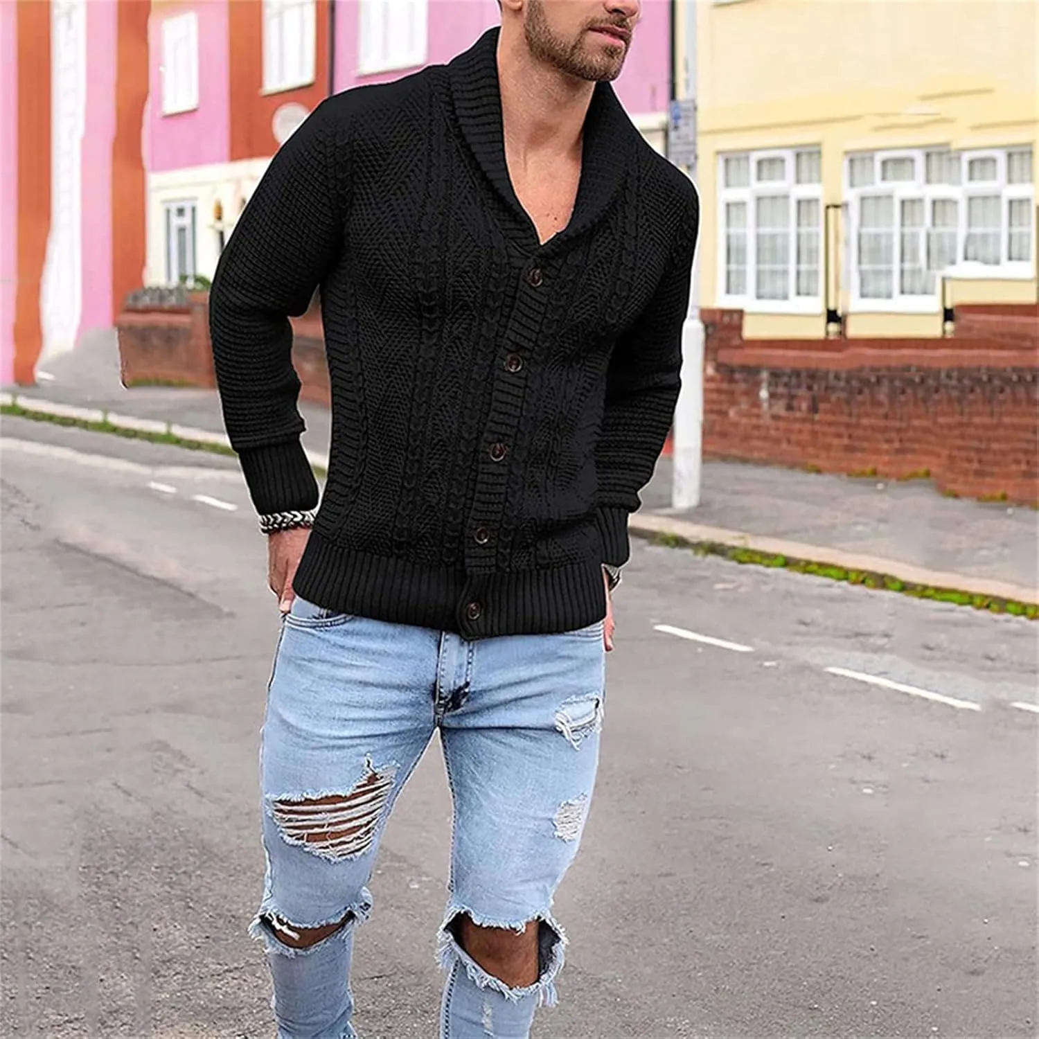 VIVICOLOR Men's Shawl Collar Cardigan Sweaters Men Button Down Cable Knitted Chunky Ribbed Fall Winter Sweater