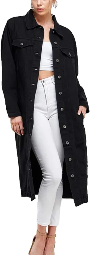 vkwear Women's Long Casual Maxi Length Denim Cotton Coat Oversize Button Up Jean Jacket