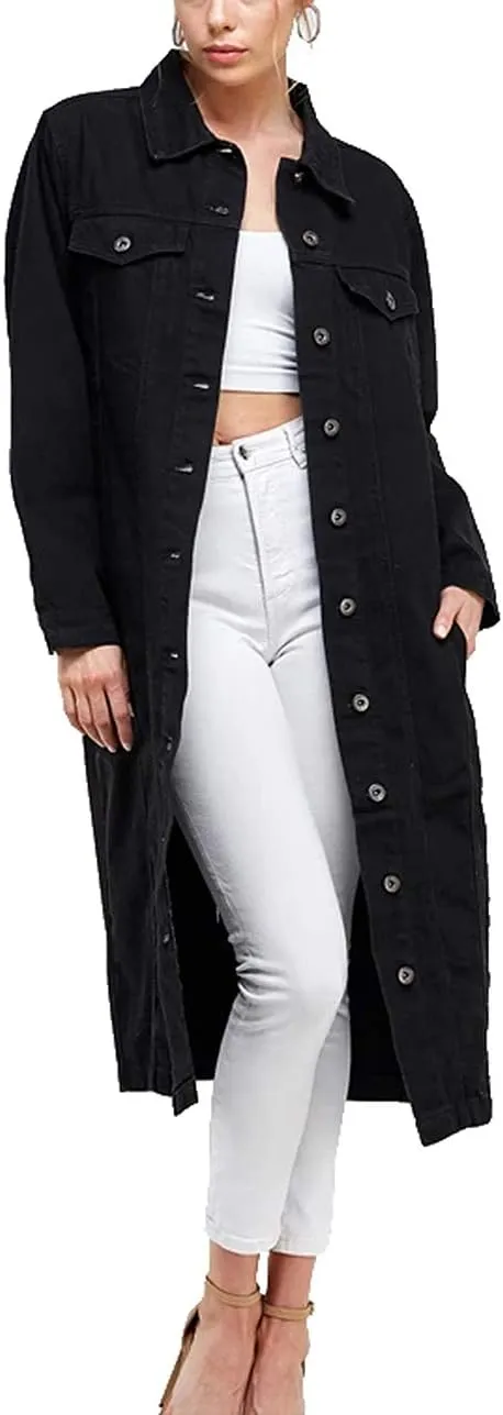 vkwear Women's Long Casual Maxi Length Denim Cotton Coat Oversize Button Up Jean Jacket