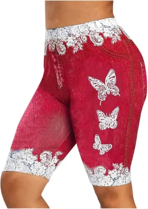 VOWUA Jean Leggings for Women Plus Size High Waisted Capri Cropped Leggings Denim Stretch Jean Look Jeggings Tights Blue Medium Women's Leggings-0319
