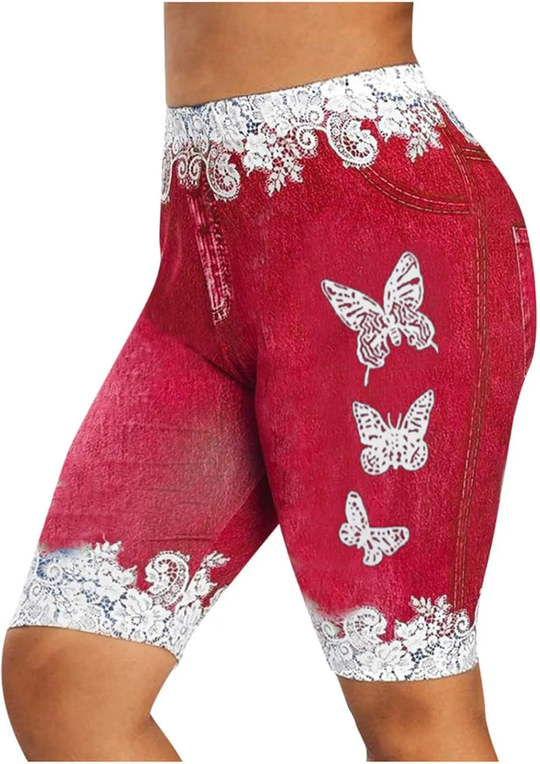 VOWUA Jean Leggings for Women Plus Size High Waisted Capri Cropped Leggings Denim Stretch Jean Look Jeggings Tights Blue Medium Women's Leggings-0319