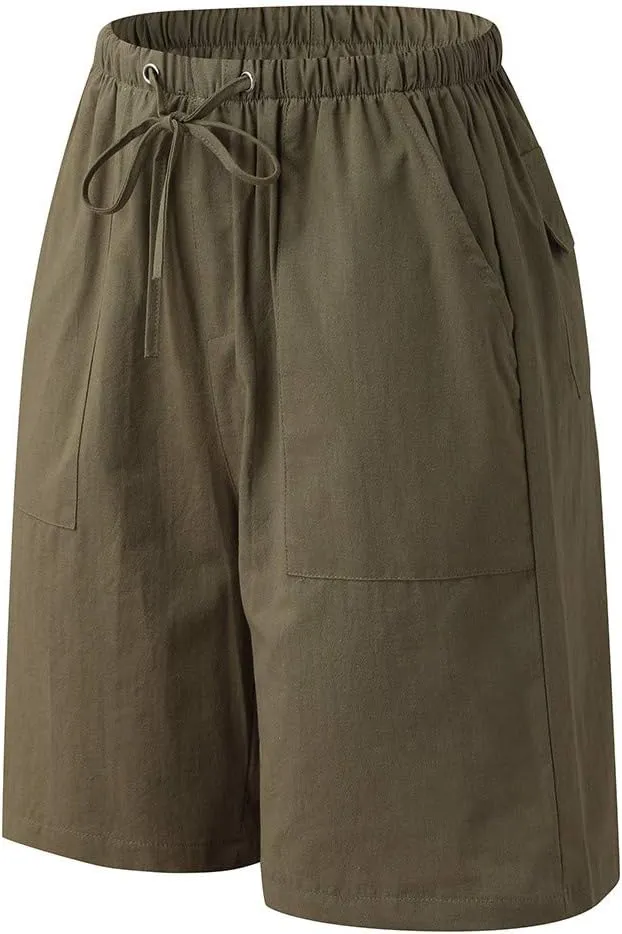 WABEOR Bermuda Shorts for Men Knee Length Cotton Linen Shorts Elastic Waist Beach Long Shorts Comfy Casual Summer Shorts