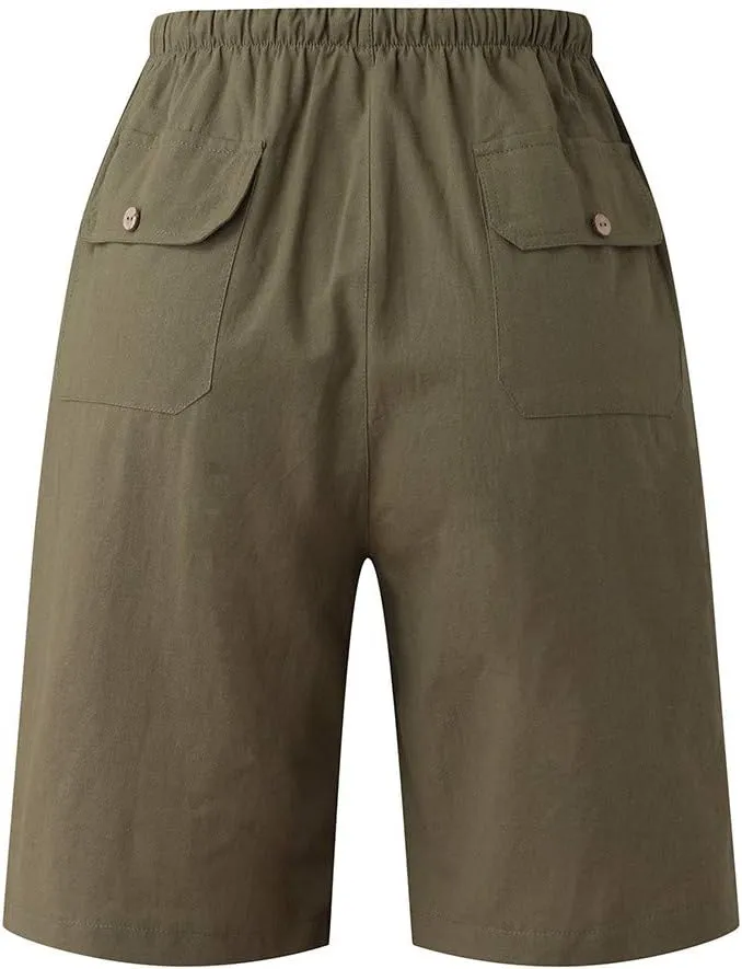 WABEOR Bermuda Shorts for Men Knee Length Cotton Linen Shorts Elastic Waist Beach Long Shorts Comfy Casual Summer Shorts