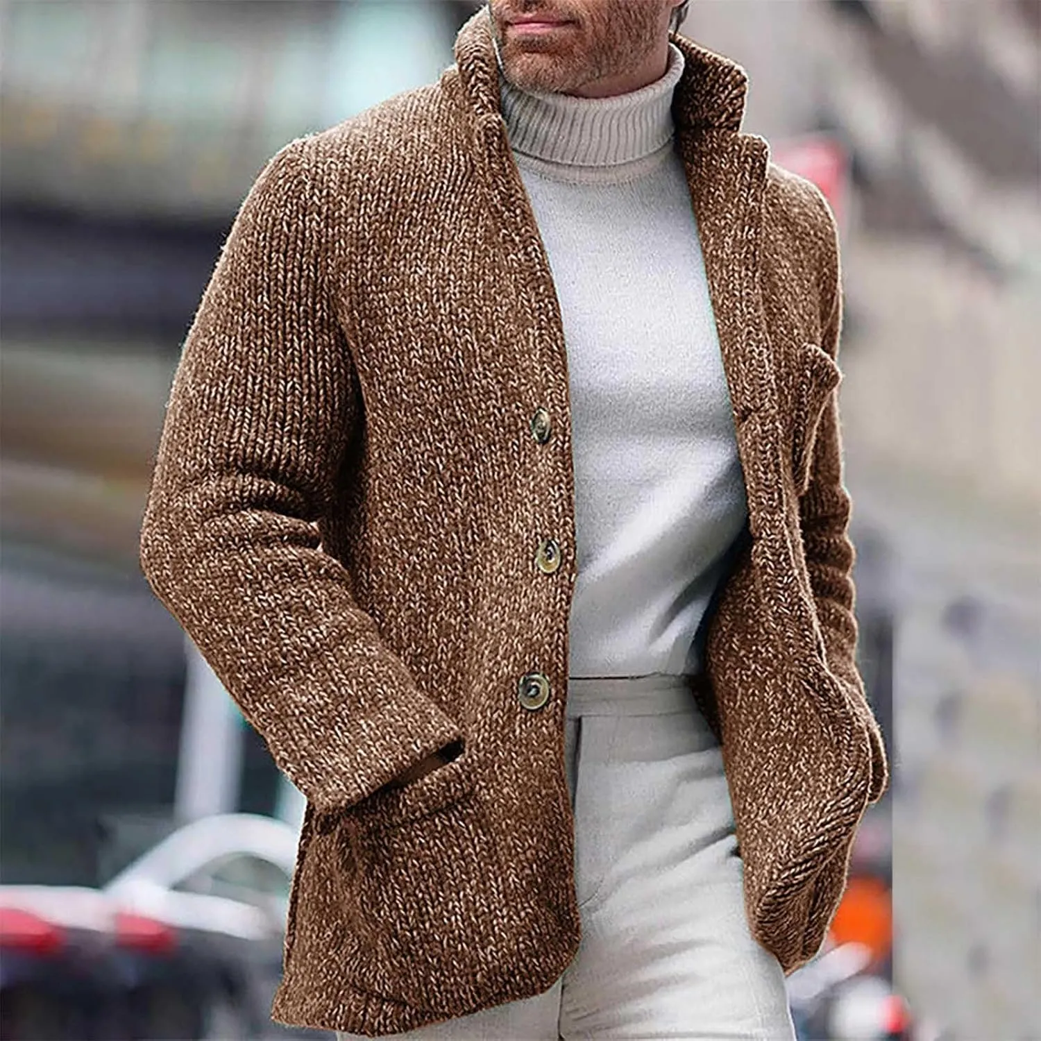 Wankang Mens Cardigan Sweaters Button Down Cable Knitted Knitwear Open Sweaters Winter Outwear Coat for Big and Tall Men