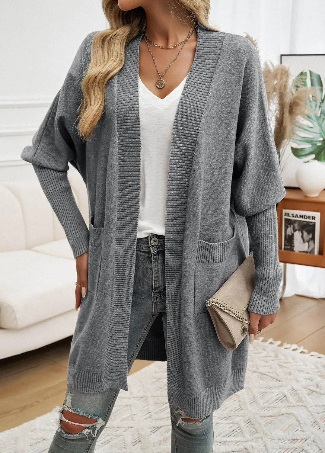 Wellwits Women's Oversized Open Front Knit Longline Cardigan Sweater