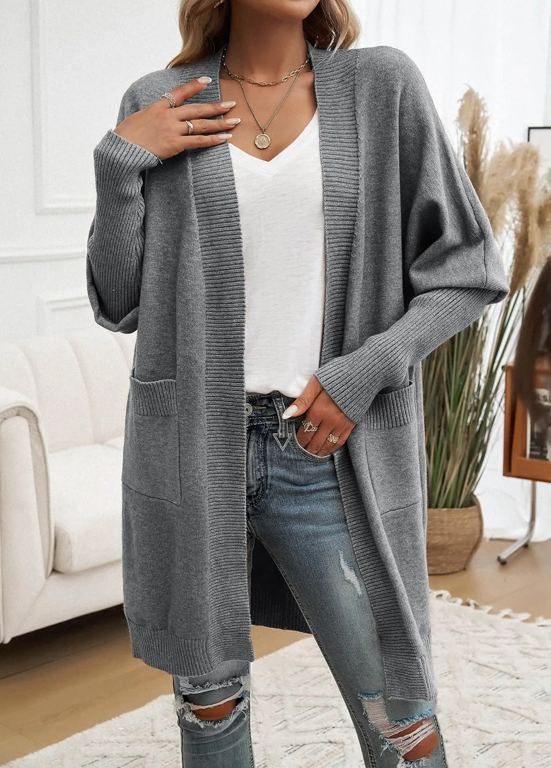 Wellwits Women's Oversized Open Front Knit Longline Cardigan Sweater