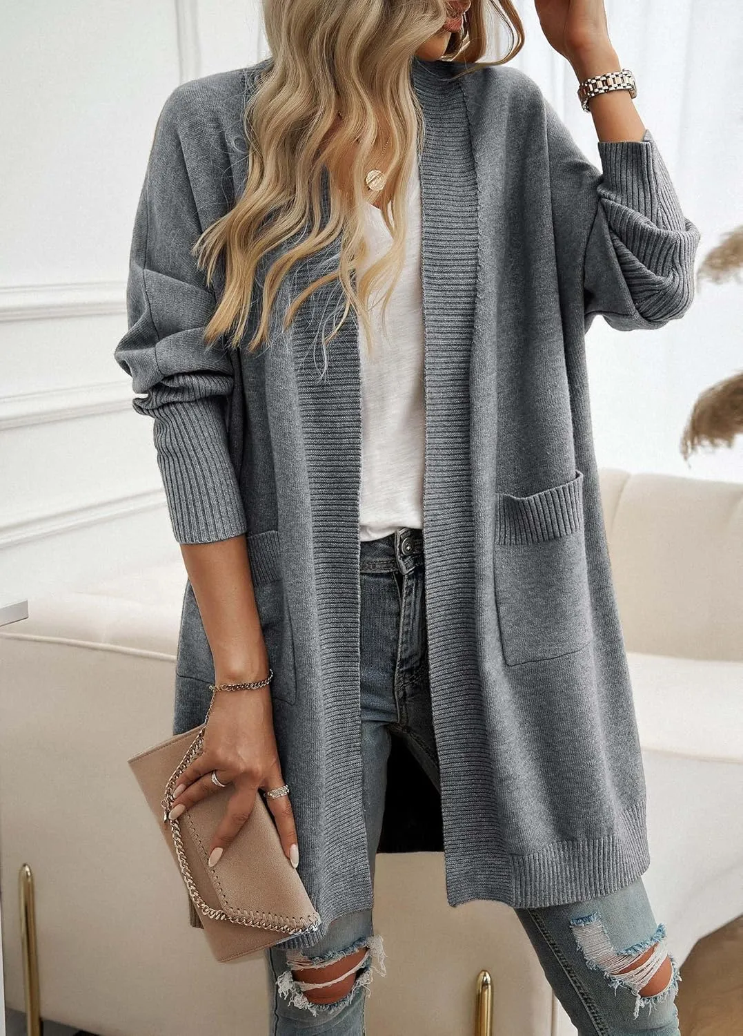 Wellwits Women's Oversized Open Front Knit Longline Cardigan Sweater