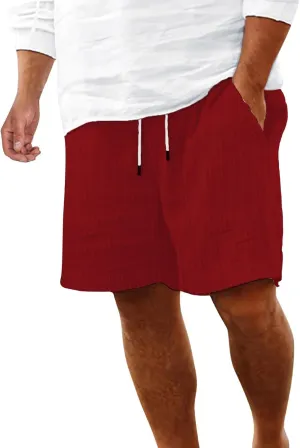 WENKOMG1 Mens Cotton Linen Shorts, Textured Lightweight Summer Shorts Elastic Waist Drawstring Solid Beach Shorts