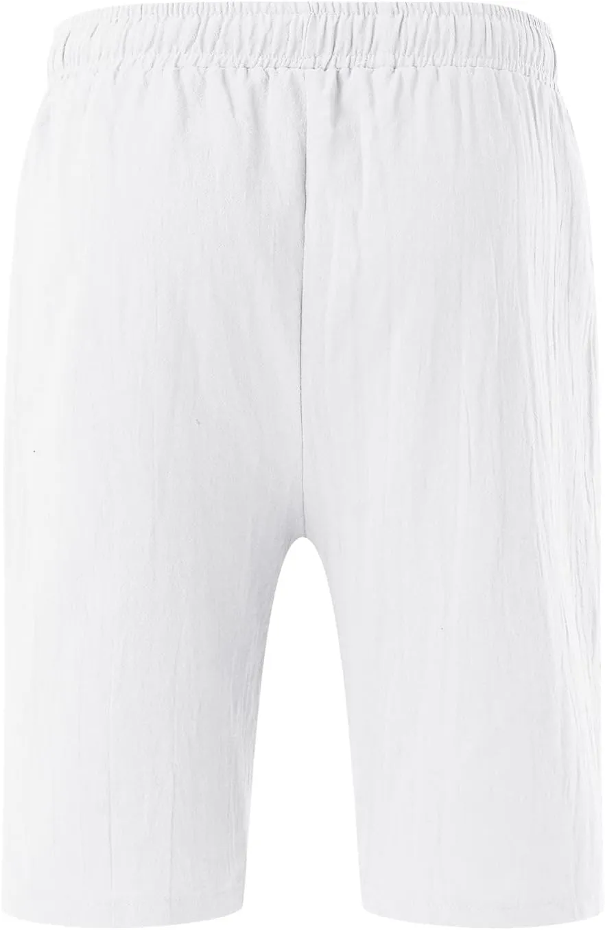 White Linen Shorts Men Big and Tall Beach Shorts Casual Cotton Linen Shorts Loose Lightweight Short Athletic Linen
