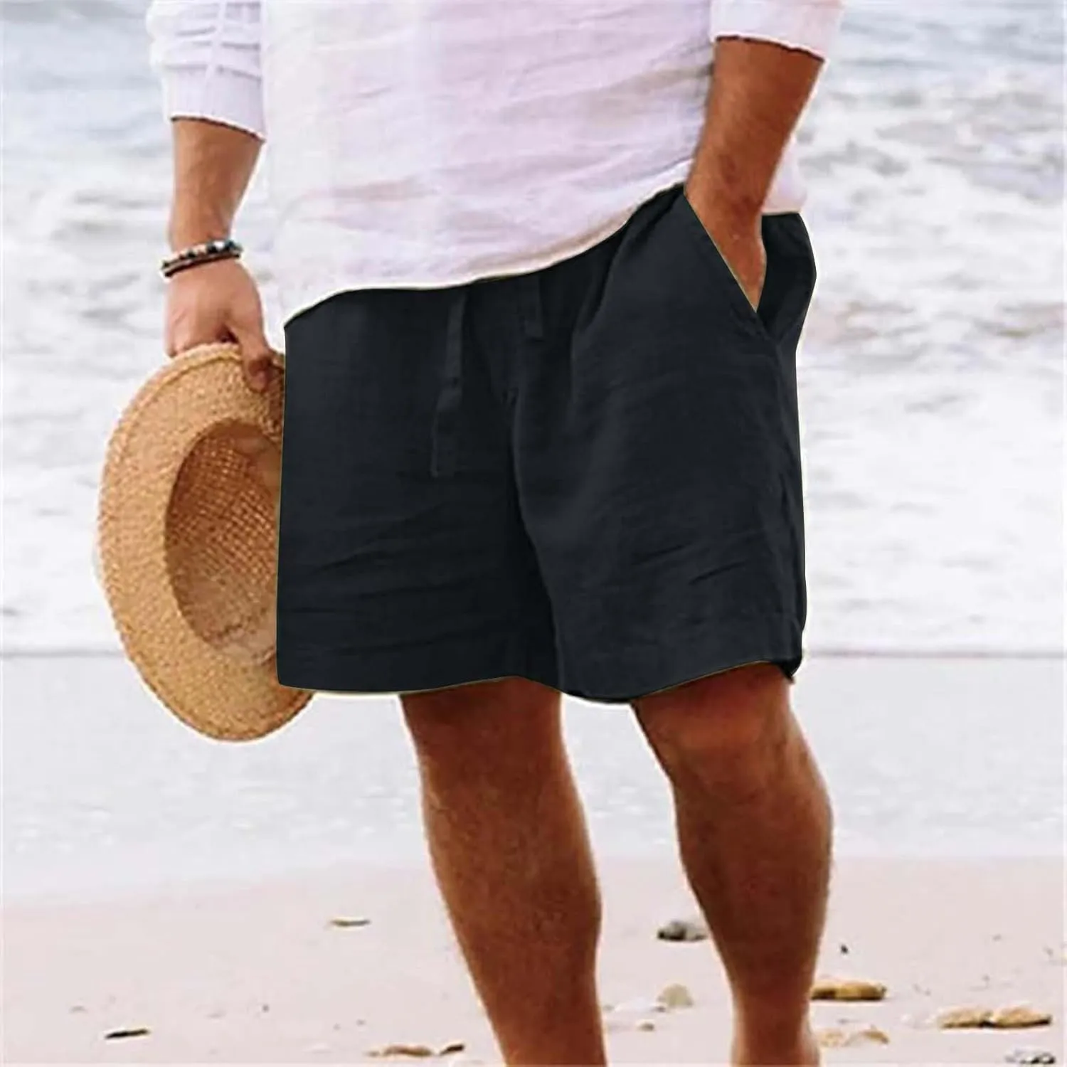 White Linen Shorts Men Big and Tall Beach Shorts Casual Cotton Linen Shorts Loose Lightweight Short Athletic Linen
