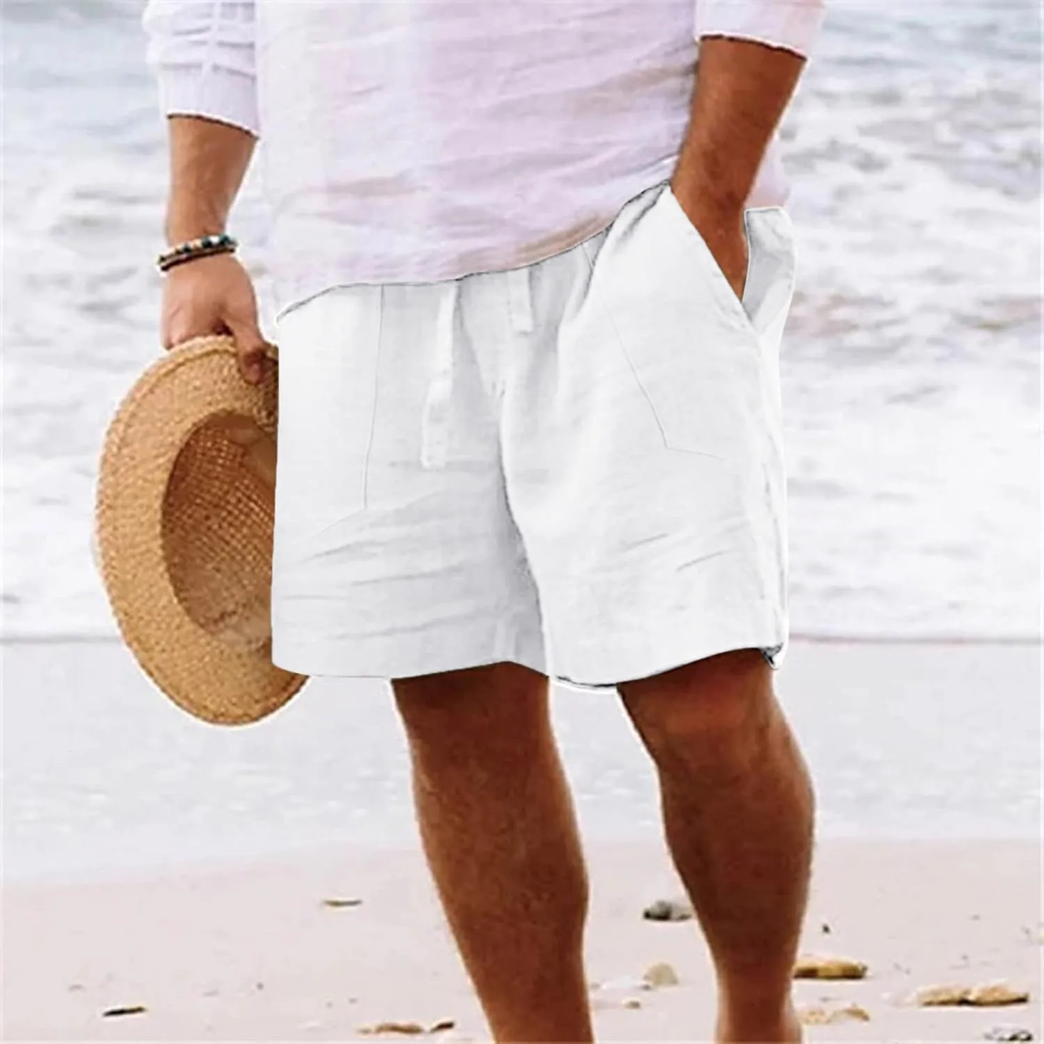 White Linen Shorts Men Big and Tall Beach Shorts Casual Cotton Linen Shorts Loose Lightweight Short Athletic Linen