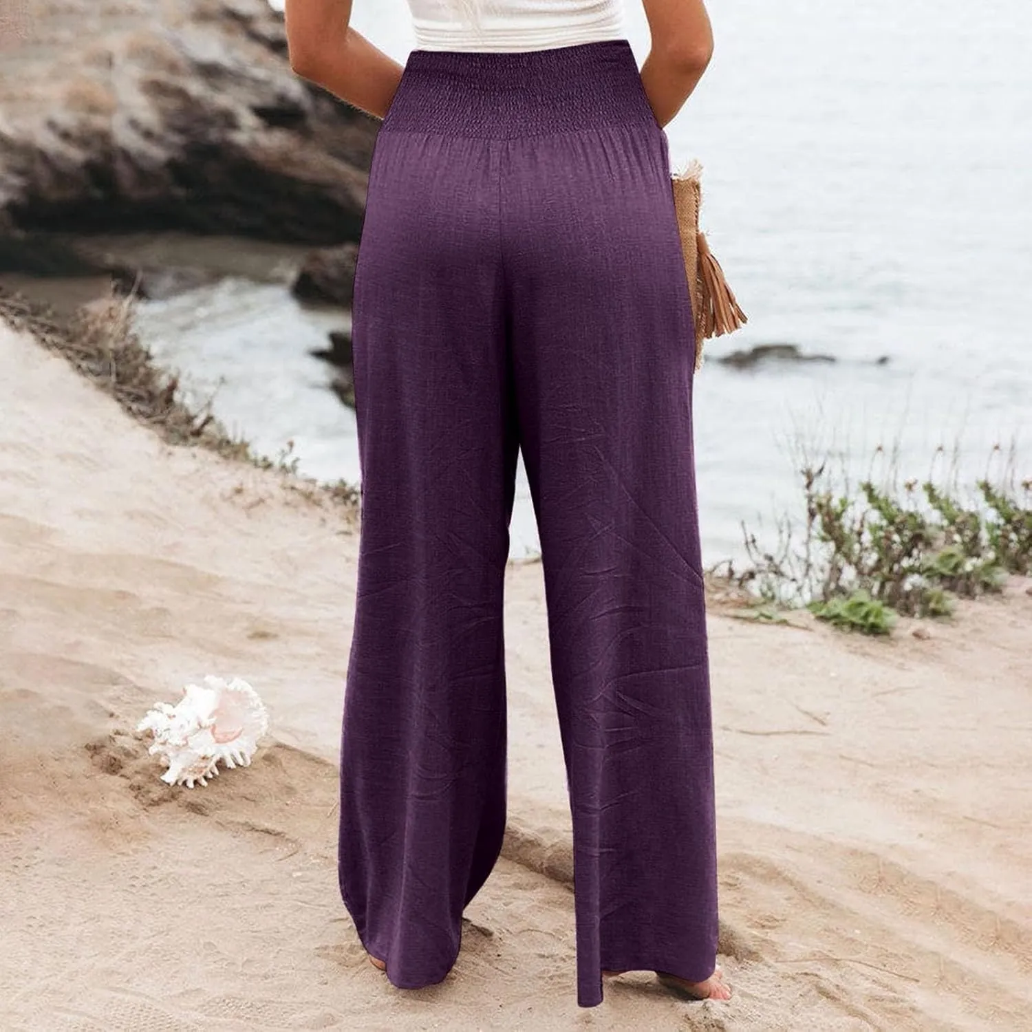 Wide Leg Cotton Linen Pants Women High Waisted Dress Pants Business Casual Work Pants Boho Palazzo Pants with Pockets