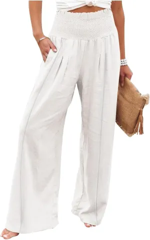 Wide Leg Cotton Linen Pants Women High Waisted Dress Pants Business Casual Work Pants Boho Palazzo Pants with Pockets
