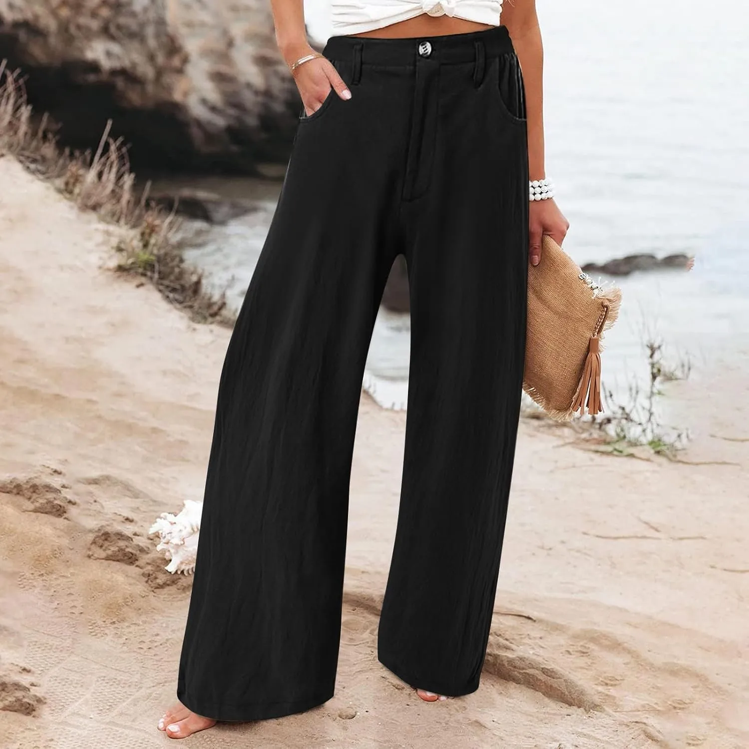 Wide Leg Cotton Linen Pants Women High Waisted Dress Pants Business Casual Work Pants Boho Palazzo Pants with Pockets