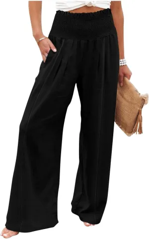 Wide Leg Cotton Linen Pants Women High Waisted Dress Pants Business Casual Work Pants Boho Palazzo Pants with Pockets