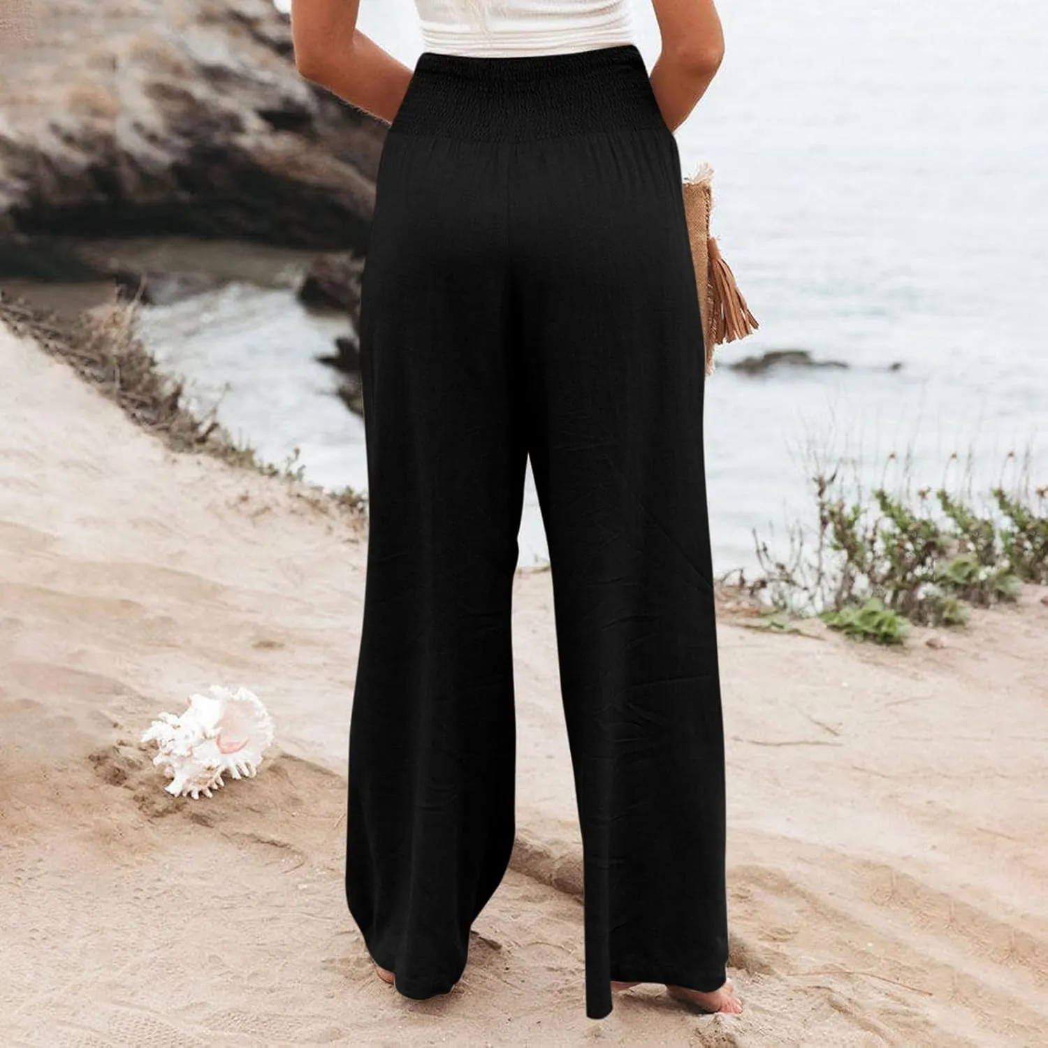 Wide Leg Cotton Linen Pants Women High Waisted Dress Pants Business Casual Work Pants Boho Palazzo Pants with Pockets
