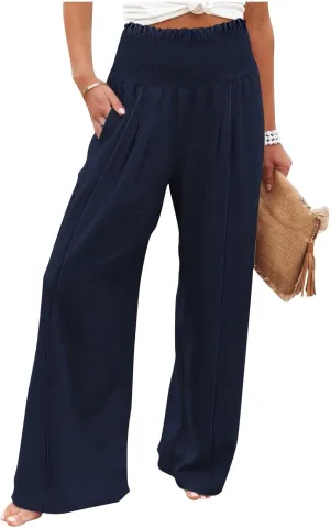 Wide Leg Cotton Linen Pants Women High Waisted Dress Pants Business Casual Work Pants Boho Palazzo Pants with Pockets