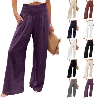 Wide Leg Cotton Linen Pants Women High Waisted Dress Pants Business Casual Work Pants Boho Palazzo Pants with Pockets