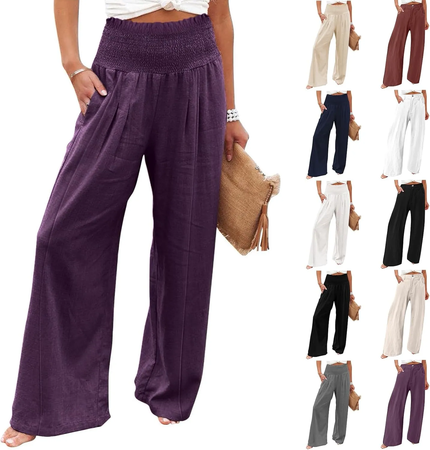 Wide Leg Cotton Linen Pants Women High Waisted Dress Pants Business Casual Work Pants Boho Palazzo Pants with Pockets