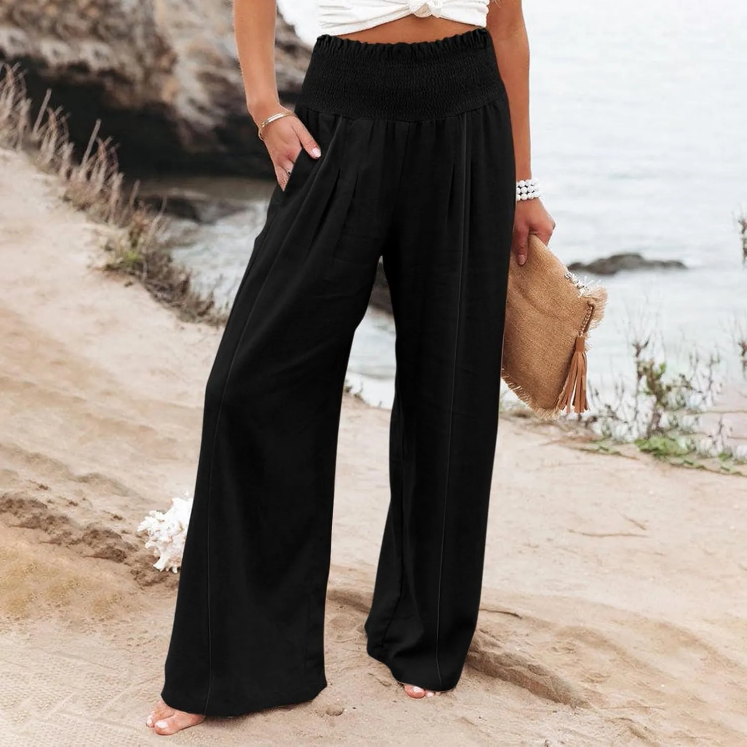 Wide Leg Cotton Linen Pants Women High Waisted Dress Pants Business Casual Work Pants Boho Palazzo Pants with Pockets