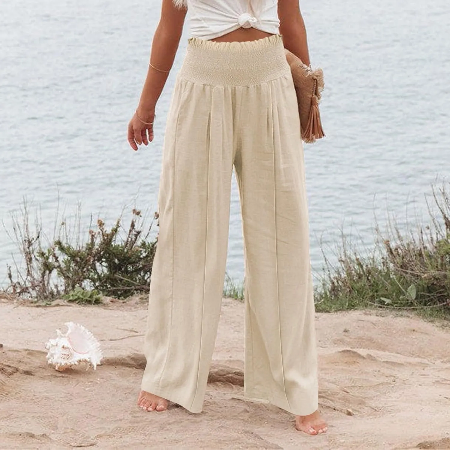 Wide Leg Cotton Linen Pants Women High Waisted Dress Pants Business Casual Work Pants Boho Palazzo Pants with Pockets