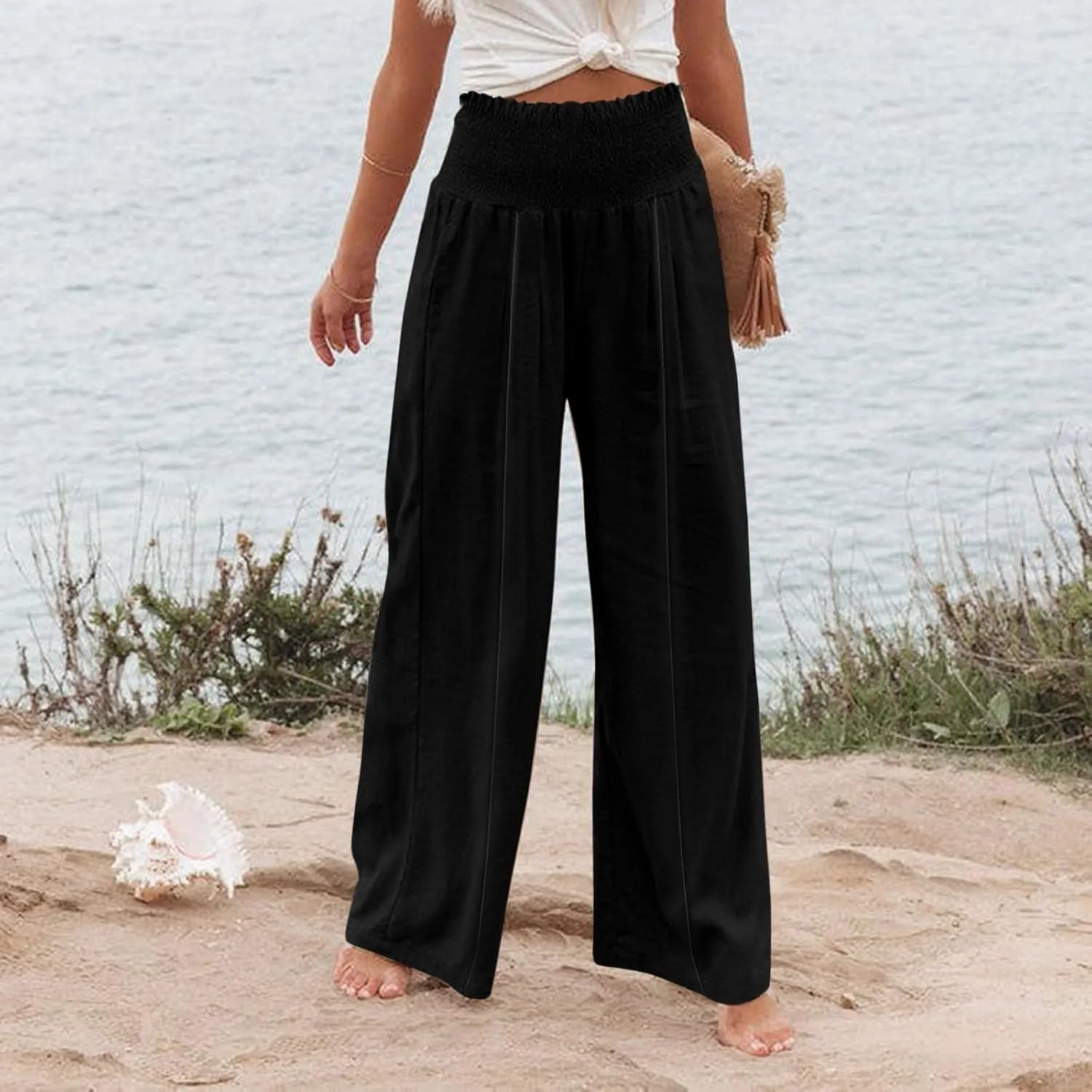 Wide Leg Cotton Linen Pants Women High Waisted Dress Pants Business Casual Work Pants Boho Palazzo Pants with Pockets