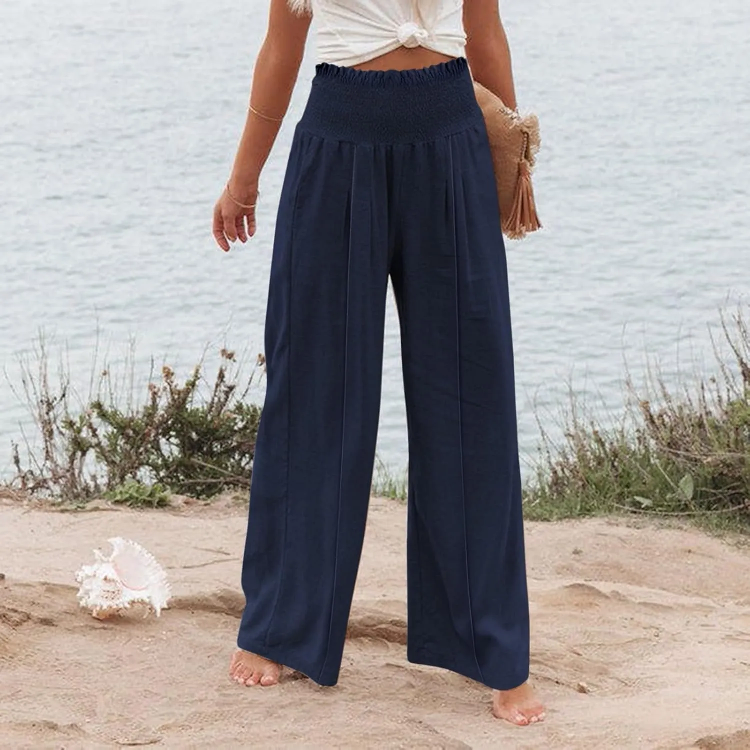 Wide Leg Cotton Linen Pants Women High Waisted Dress Pants Business Casual Work Pants Boho Palazzo Pants with Pockets