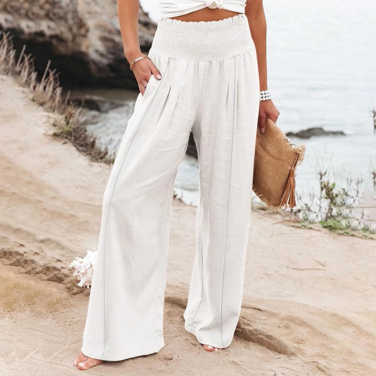 Wide Leg Cotton Linen Pants Women High Waisted Dress Pants Business Casual Work Pants Boho Palazzo Pants with Pockets